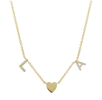 14k Yellow Gold Custom Diamond Two Initials (Spaced Uppercase Letters) Heart Necklace