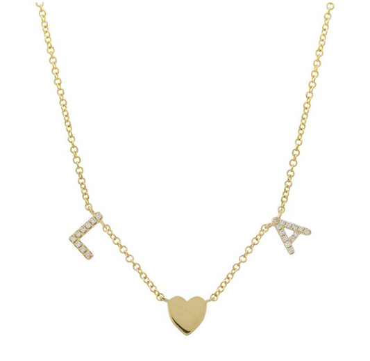 14k Yellow Gold Custom Diamond Two Initials (Spaced Uppercase Letters) Heart Necklace