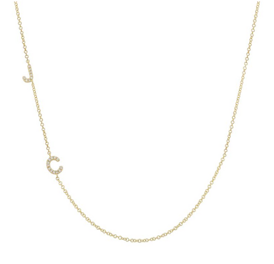14k Yellow Gold Custom Diamond Two Initials One Side (Spaced Uppercase Letters) Necklace