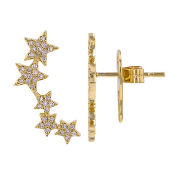 14k Yellow Gold Stars Diamond Stud Crawler Earrings .20ctw