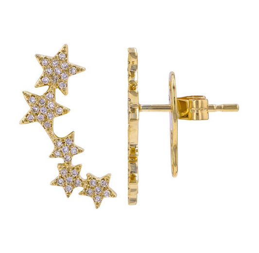 14k Yellow Gold Stars Diamond Stud Crawler Earrings .20ctw