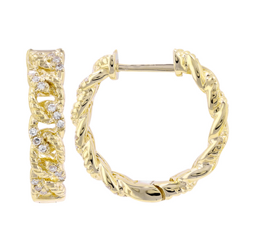 14k Yellow Gold 15mm Twist Detail Link Diamond Huggie Earrings
