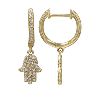 14k Yellow Gold Dangling Hamsa Diamond Huggie Earrings .20ctw