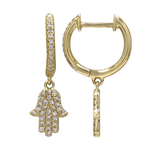 14k Yellow Gold Dangling Hamsa Diamond Huggie Earrings .20ctw