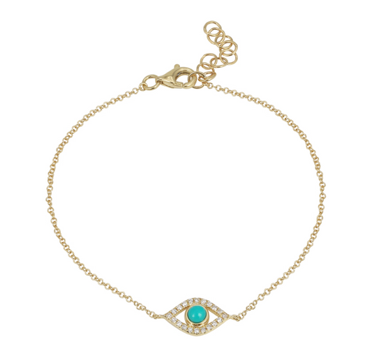 14k Yellow Gold Turquoise Evil Eye Diamond Bracelet .25ctw