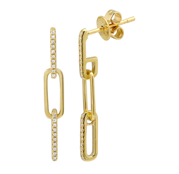 14k Yellow Gold Link Paperclip Dangling Diamond Earrings