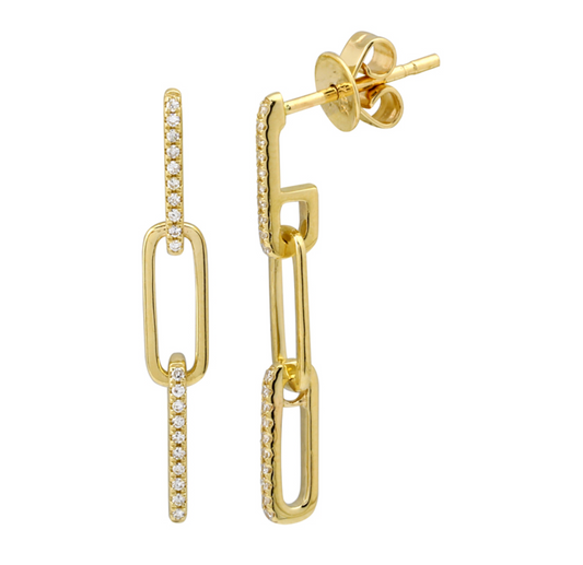 14k Yellow Gold Link Paperclip Dangling Diamond Earrings