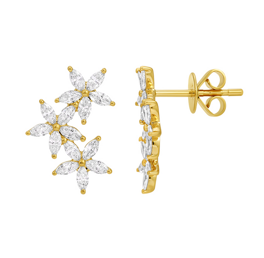 14k Yellow Gold Trio Flower Diamond Stud Earrings .85ctw