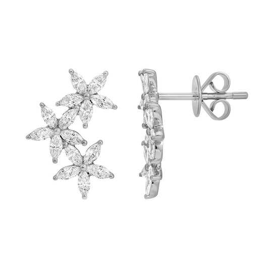 14k White Gold Trio Flower Diamond Stud Earrings .85ctw